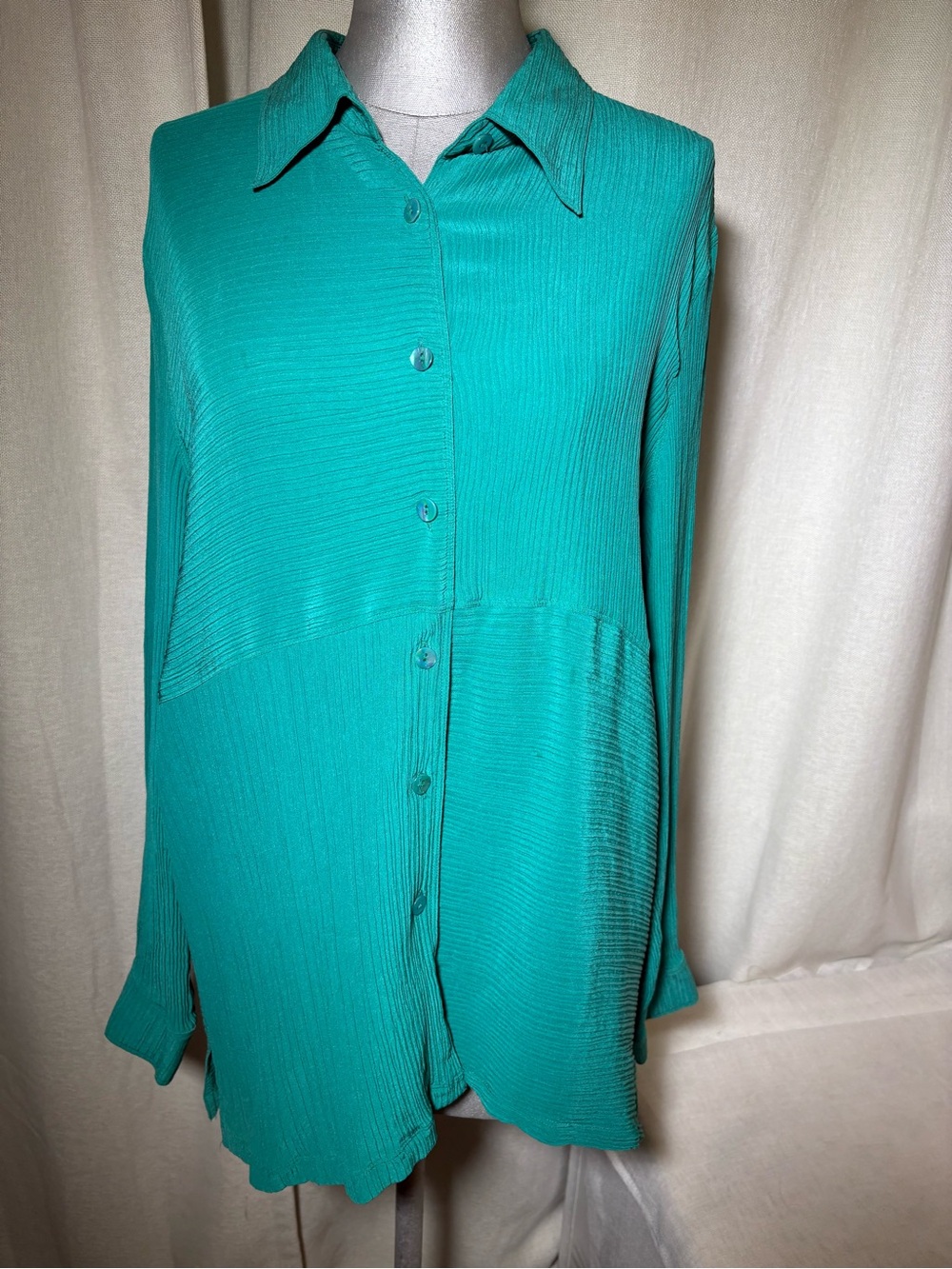 Vintage Diane Gilman Collection Teal 100% Silk Pleated Collared Blouse Size LG - Picture 2 of 11